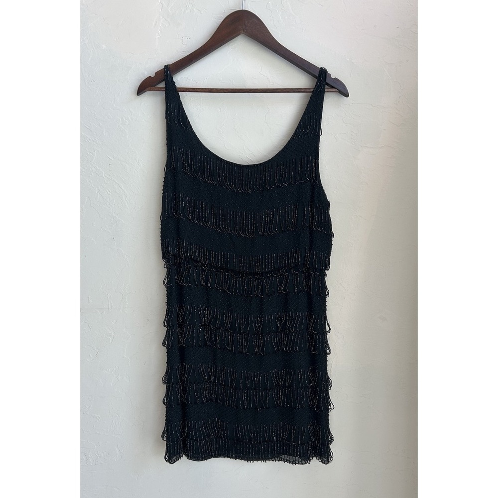 Alice + Olivia Mini Dress L‎ Black Silk Beaded Fringe Flapper Designer Holiday